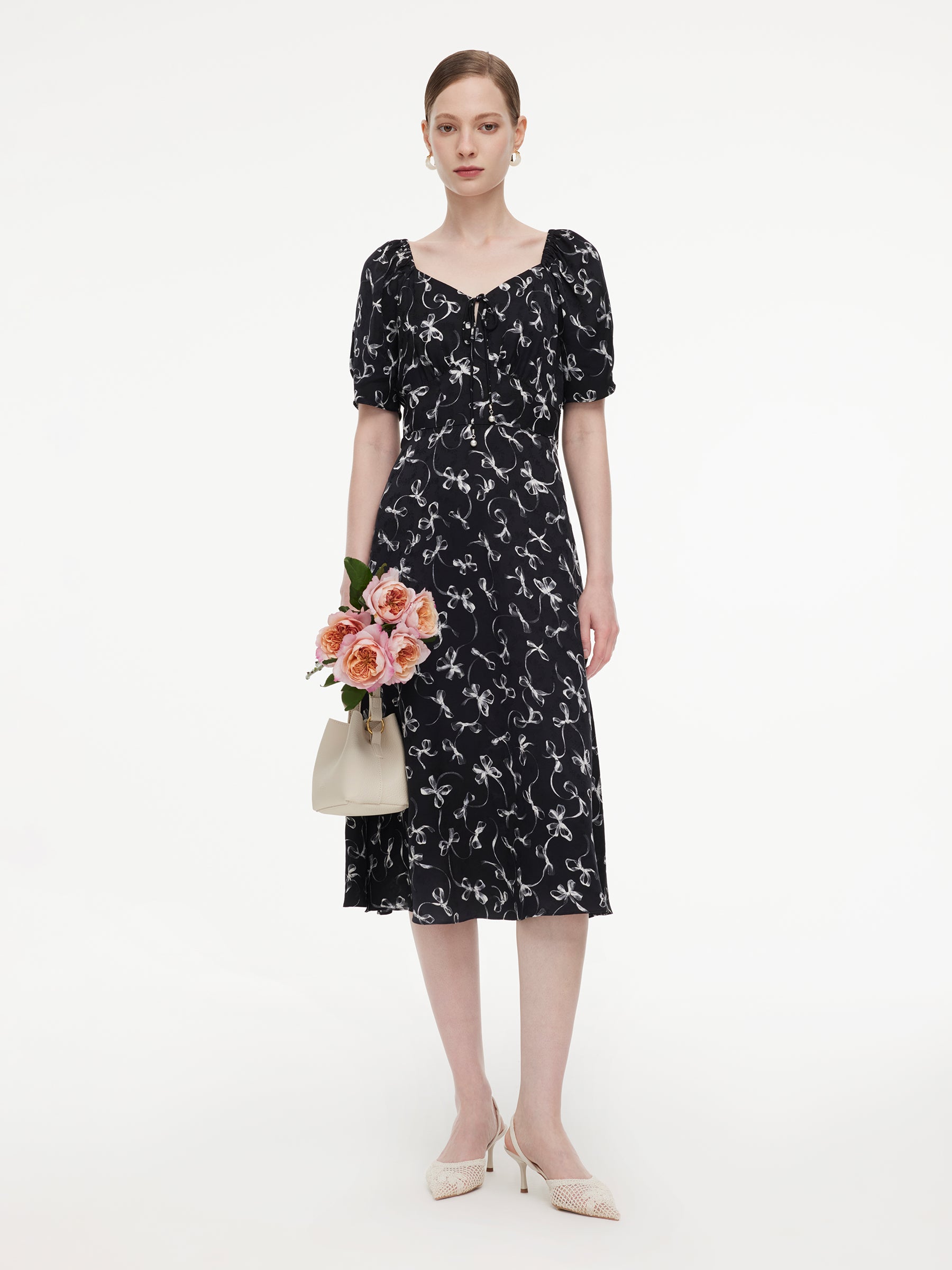[Preview] Ribbon Print Puff Sleeve Women Midi Dress GOELIA