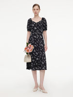 [Preview] Ribbon Print Puff Sleeve Women Midi Dress GOELIA