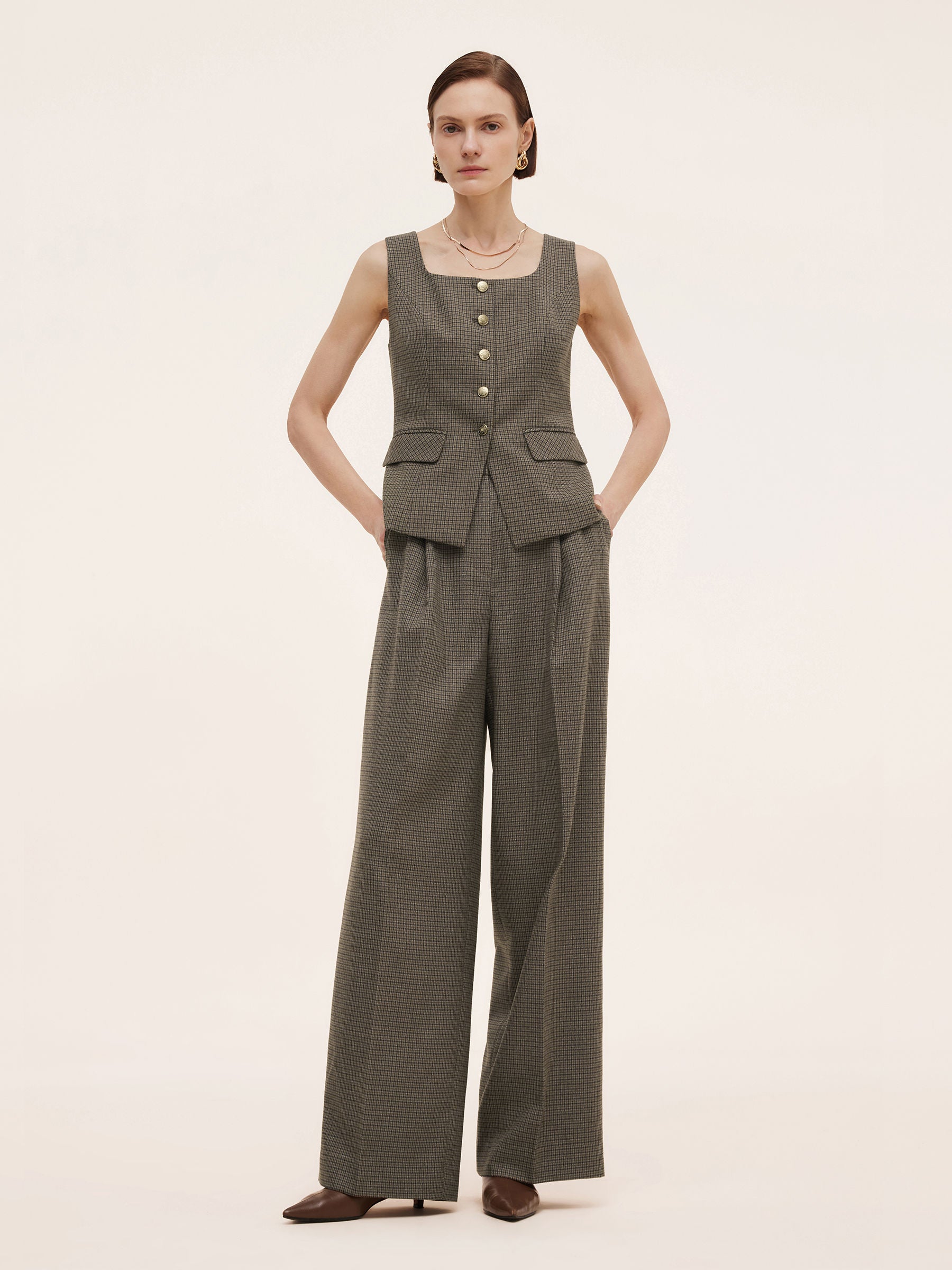 Plaid Straight Wide Leg Women Pants GOELIA