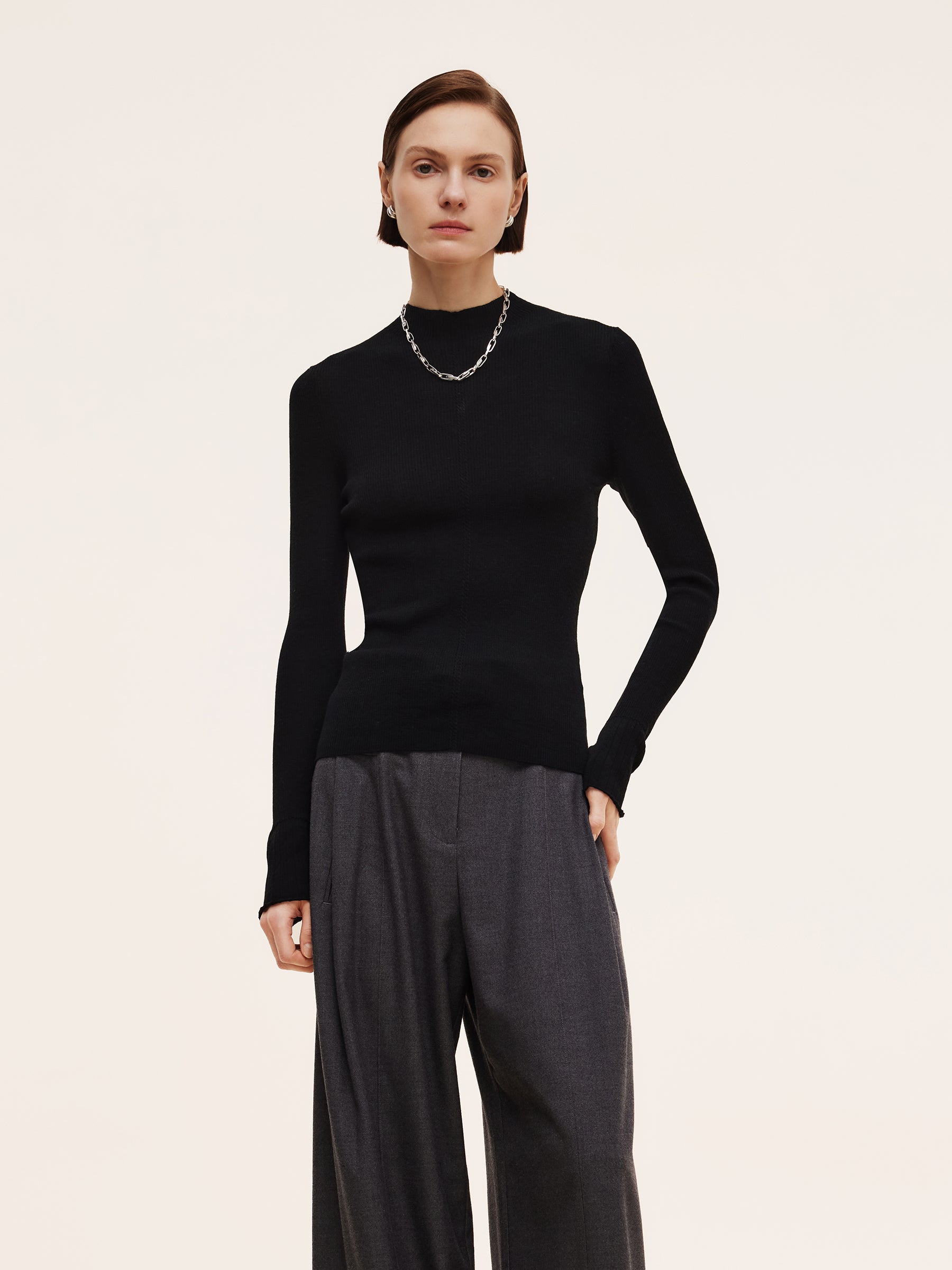 100% Machine Washable Wool Mock Neck Women Knit Top GOELIA