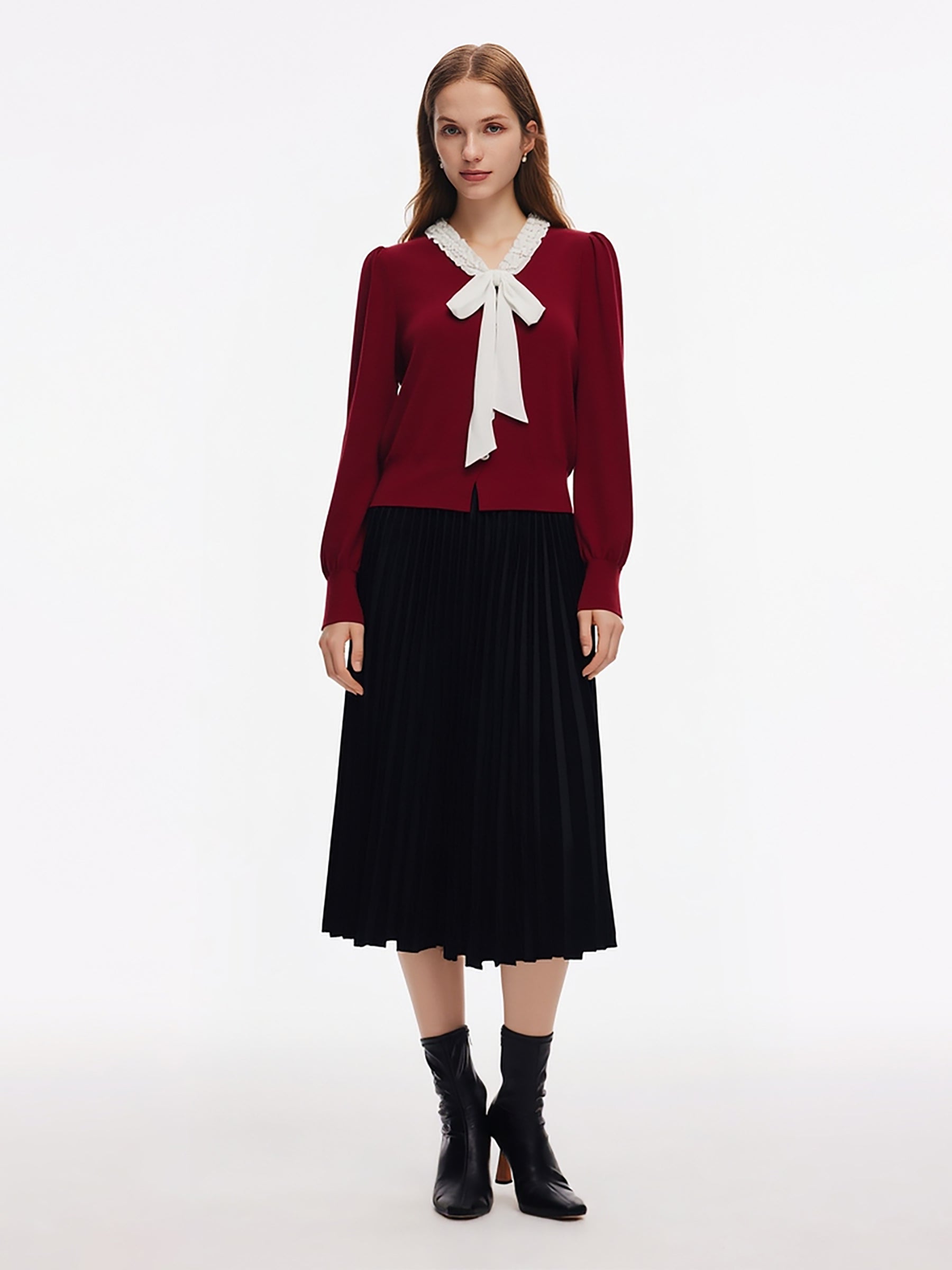 [Preview] Knit Top And Velvet Pleated Skirt Two-Piece Set With Ribbon GOELIA