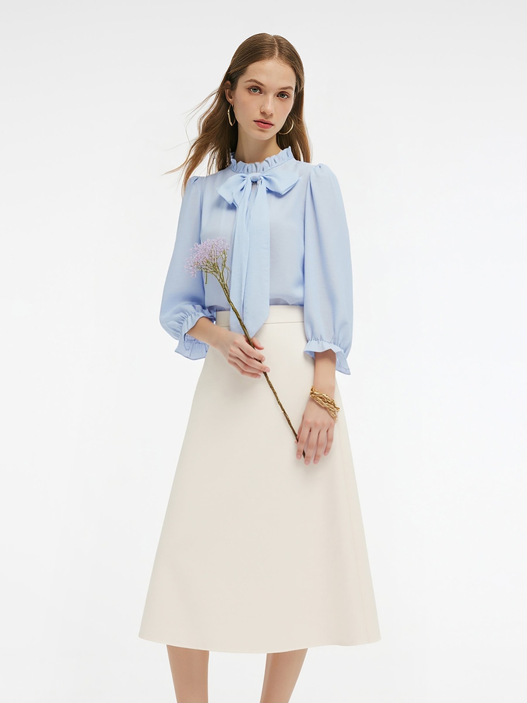 Acetate Blend Ruffle Blouse And Skirt Two-Piece Set GOELIA
