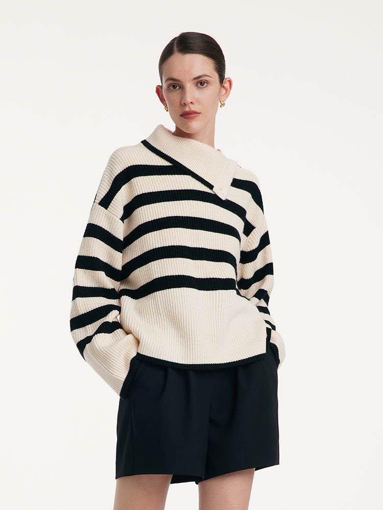 Thermostatic Wool Loose Striped Button-Shoulder Sweater GOELIA