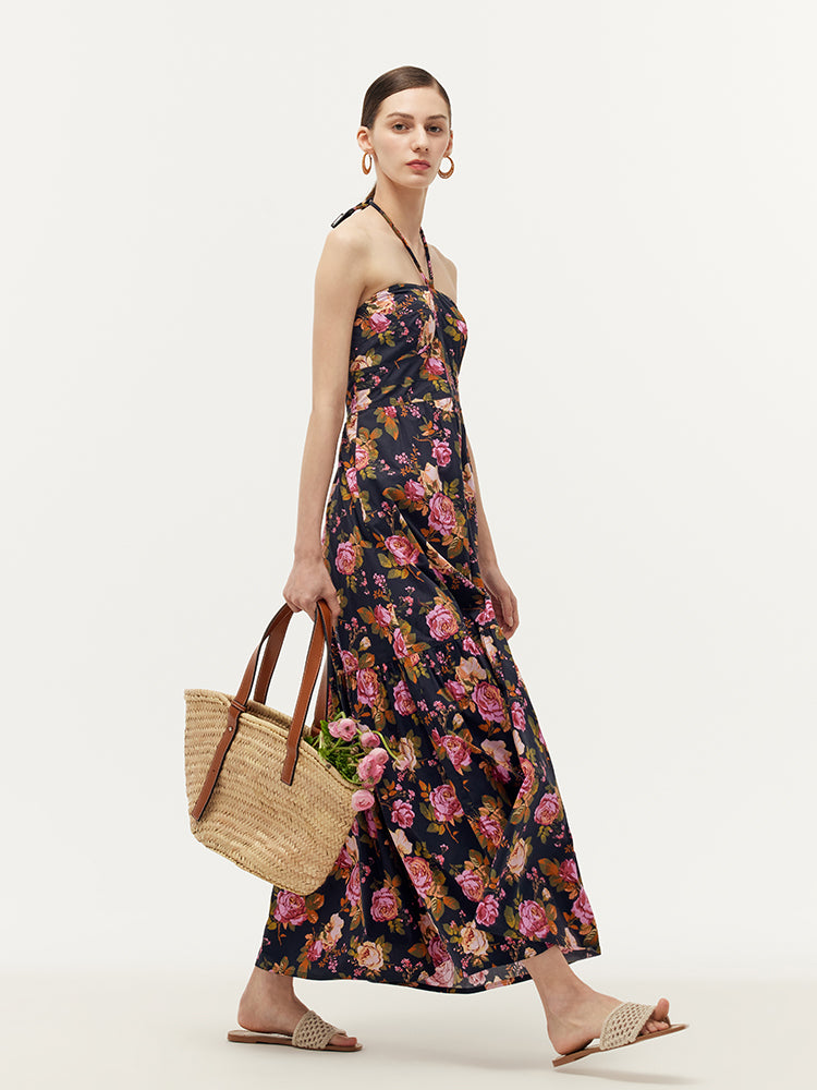 Rose Print Women Halter Maxi Dress With Detachable Bra Pads GOELIA
