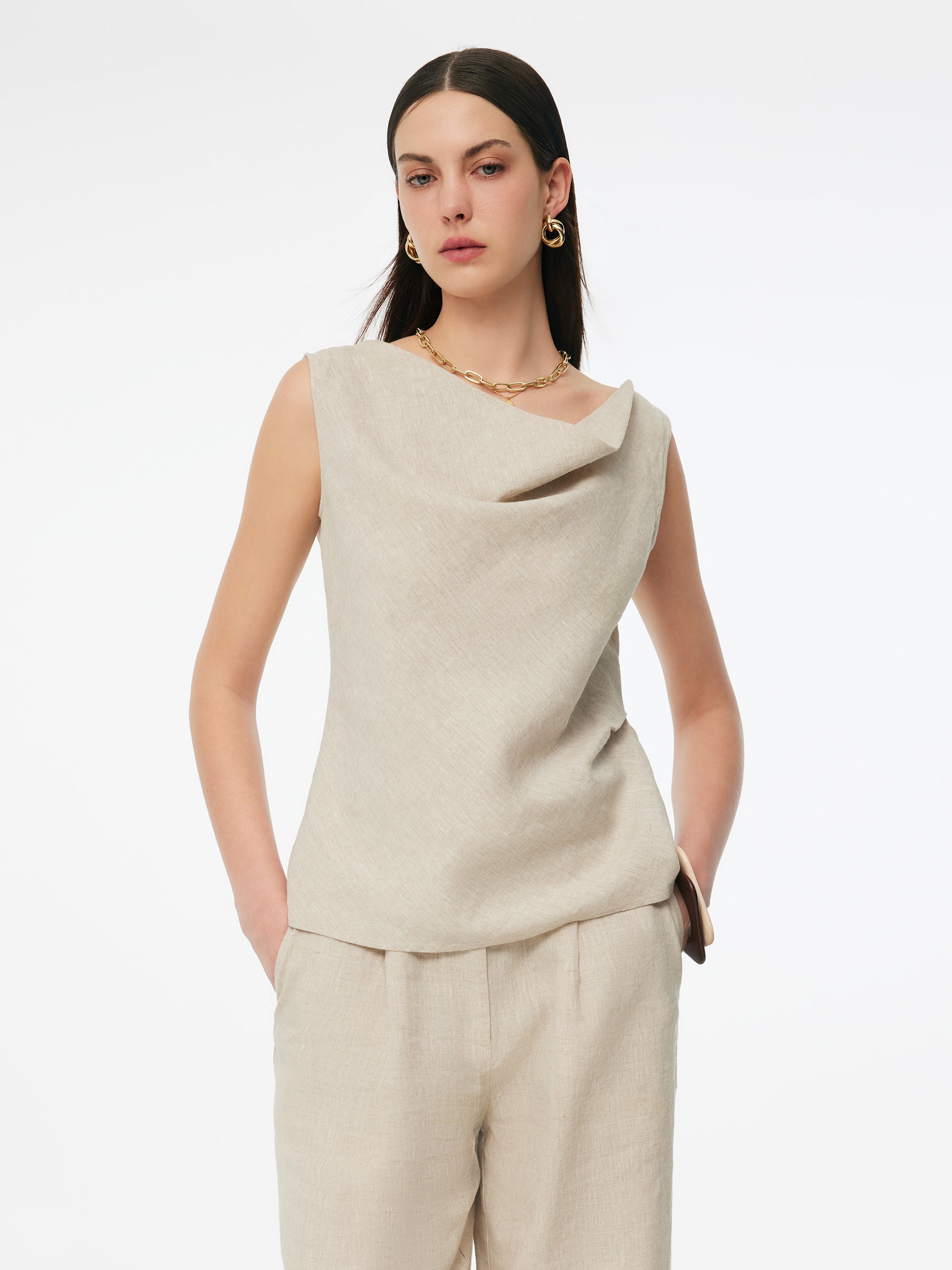 100% Linen Cowl Neck Women Tank Top GOELIA