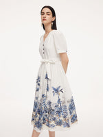 Tencel Linen Floral Print Women V-Neck Midi Dress With Self-Tie Belt GOELIA