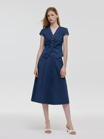Denim V-Neck Top And Midi Skirt Two-Piece Set GOELIA