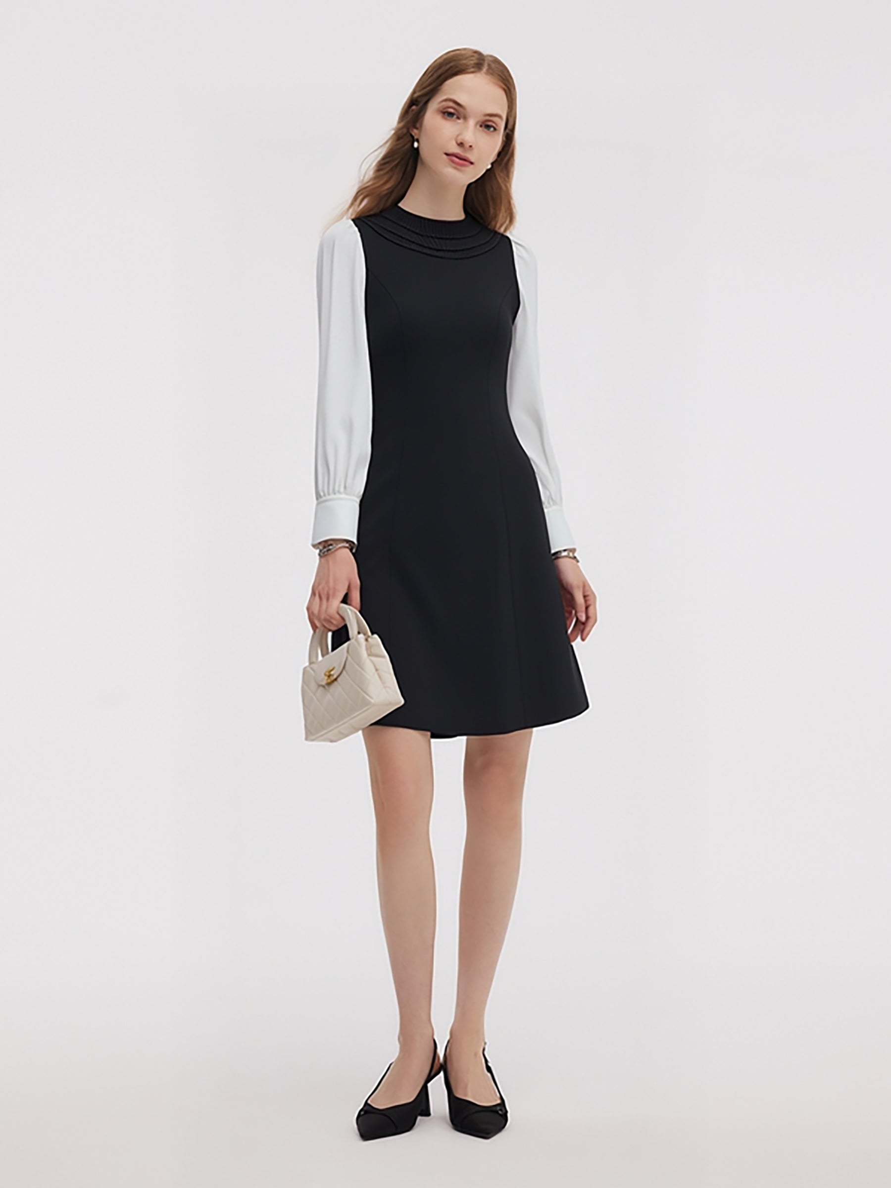 [Preview] Worsted Wool Blend Ruffle Collar Women Mini Dress With Detachable Ribbon GOELIA