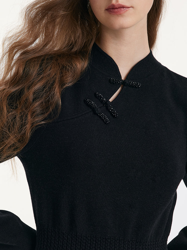 Tencel Wool Cheongsam Button Gathered Waist Women Qipao Dress GOELIA