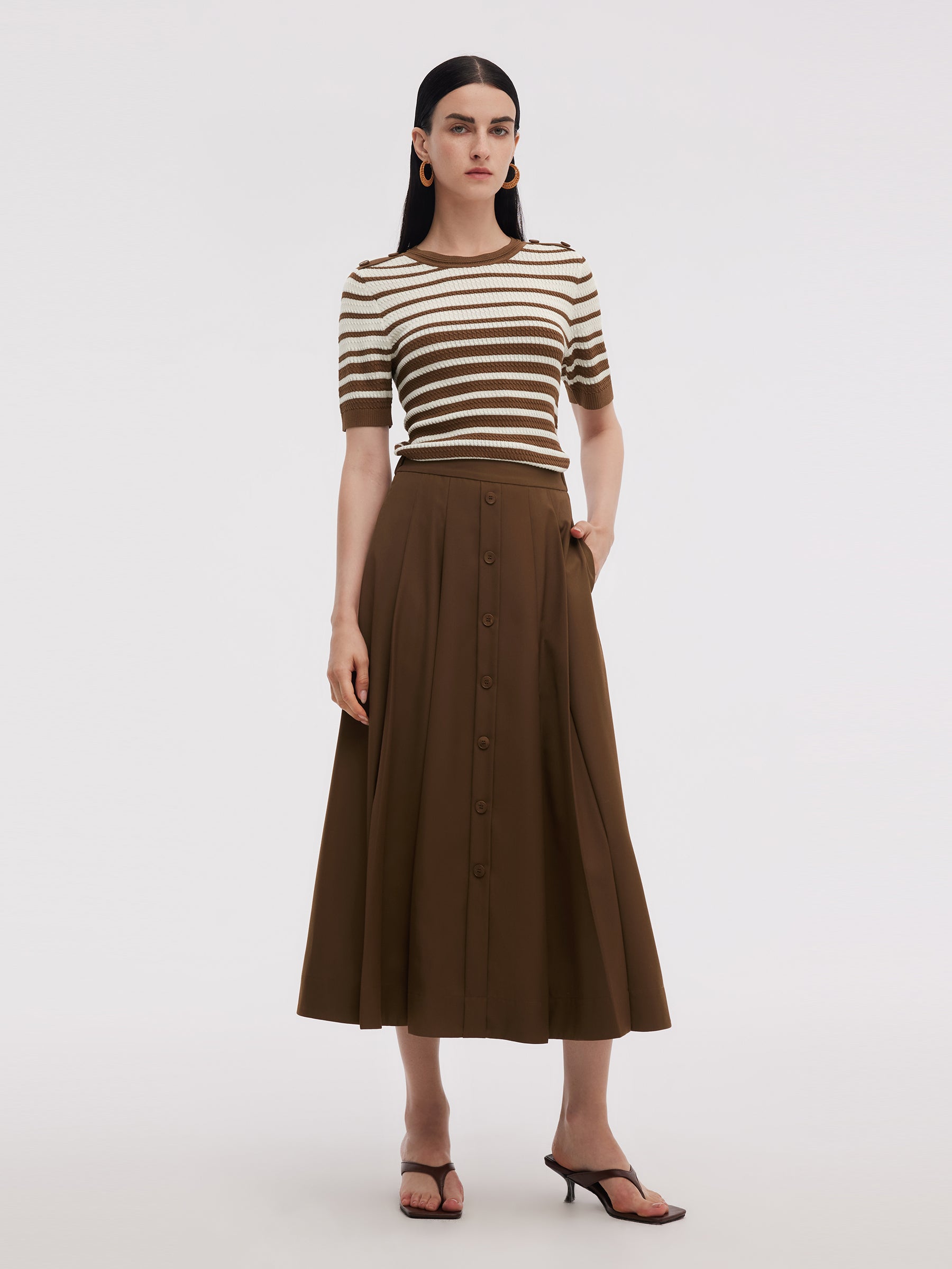 Stripe Knit Top And A-Line Skirt Two-Piece Set GOELIA