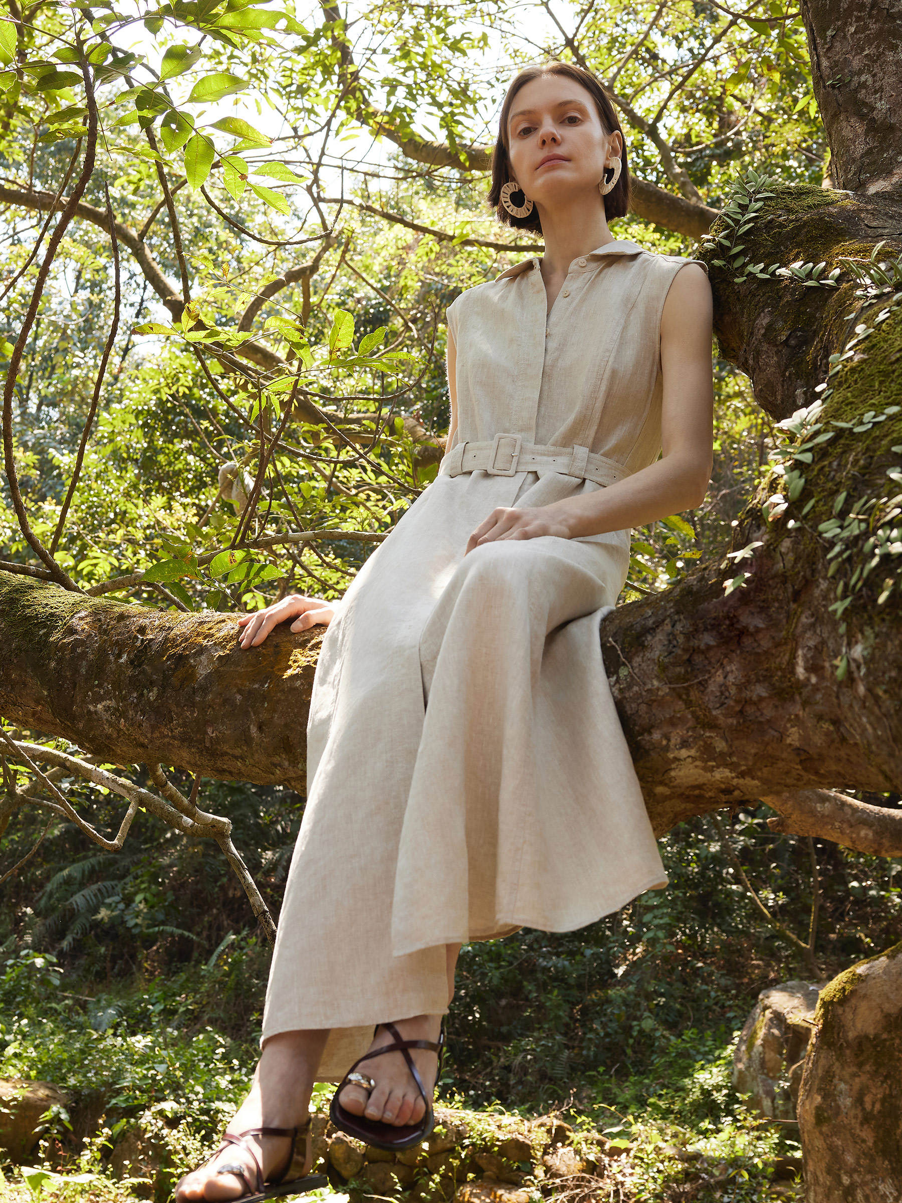 100% Linen Women Vest Maxi Shirt Dress With Belt GOELIA