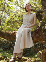 100% Linen Women Vest Maxi Shirt Dress With Belt GOELIA