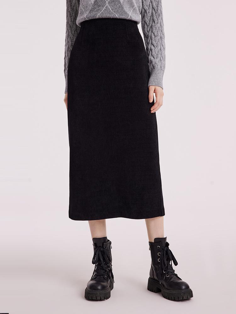 Black Straight Knitted Slit Women Skirt GOELIA