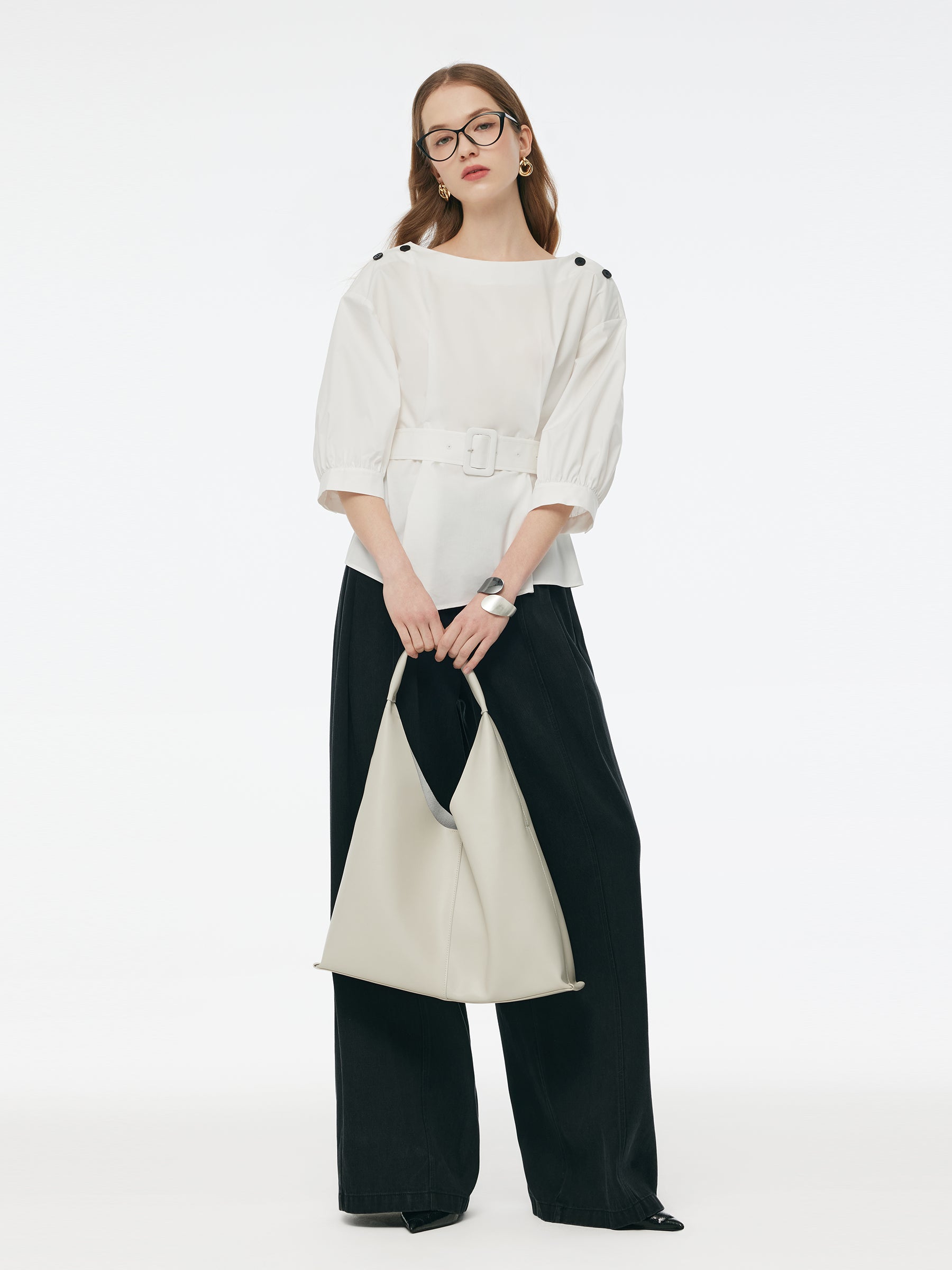 Boat Neck 3/4 Sleeve Women Blouse With Belt GOELIA