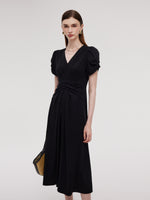 Pleated V-Neck Women Knit Maxi Dress GOELIA