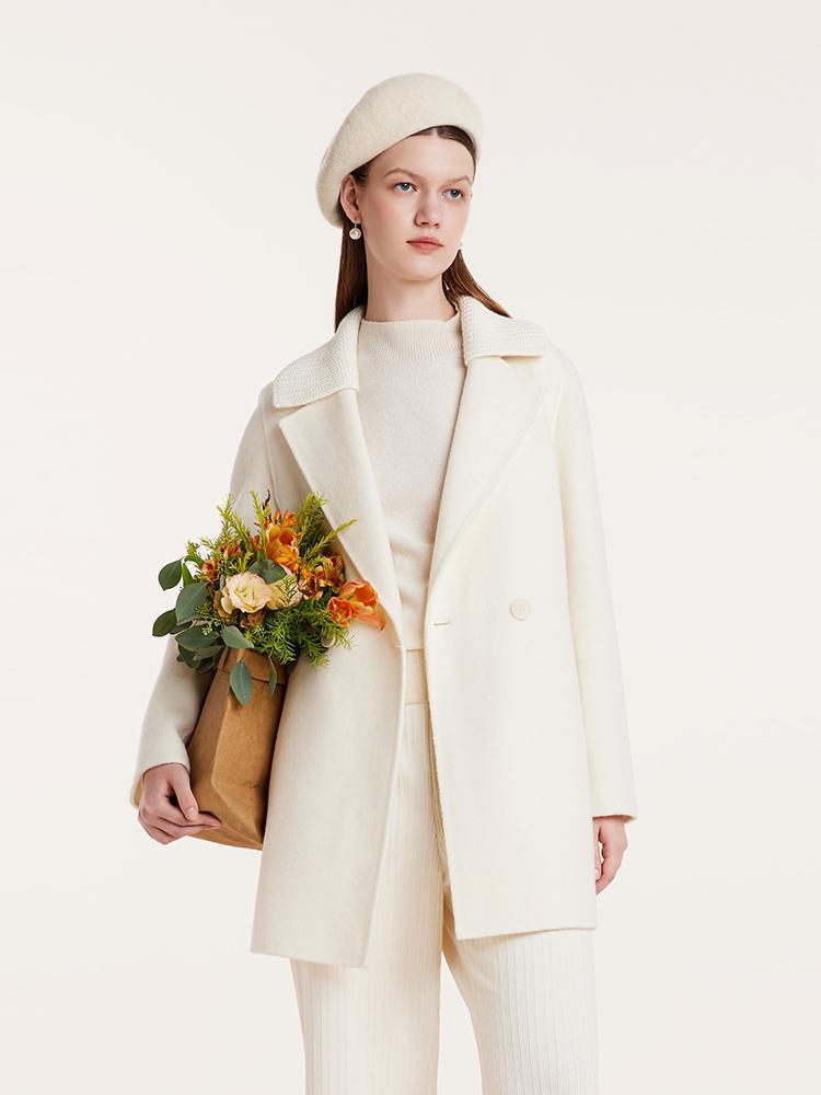 White Mid-Length Double-Faced Wool Women Coat With Detachable Collar GOELIA