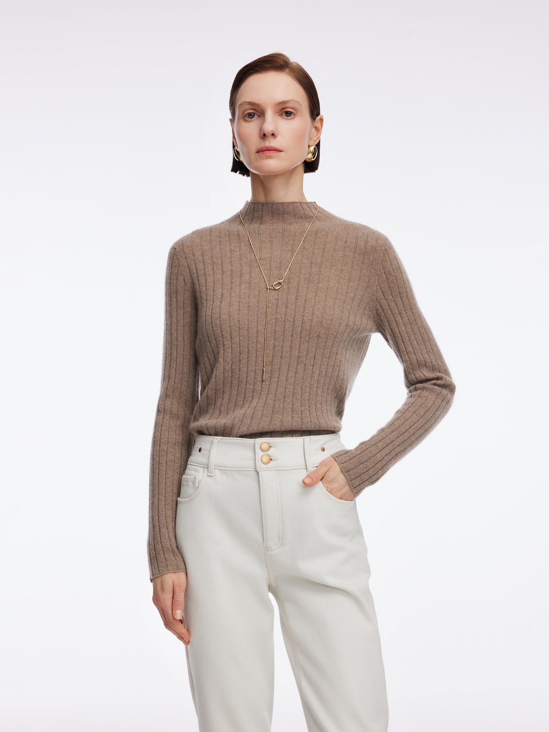 [Preview] 100% Cashmere Mock Neck Women Knit Top GOELIA