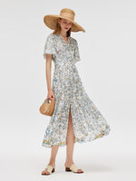 19 Momme Mulberry Silk V-Neck Printed Women Maxi Dress GOELIA