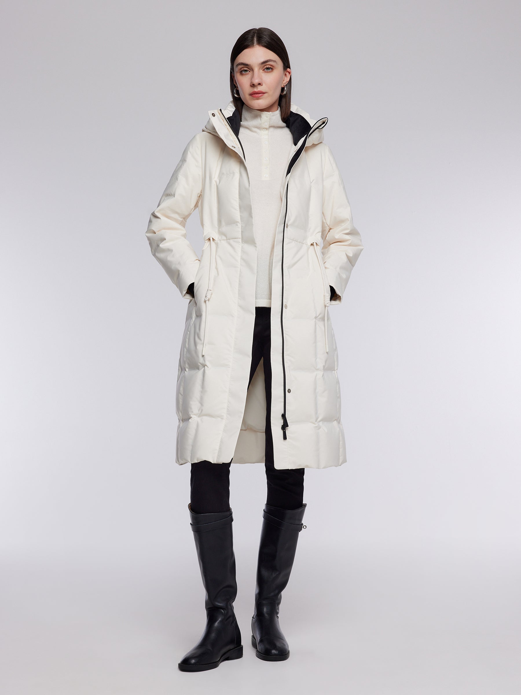 [Preview] Drawstring Waist Hooded Goose Down Overcoat GOELIA