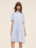 100% Cotton Women Puff Sleeve Mini Dress With Ribbon GOELIA