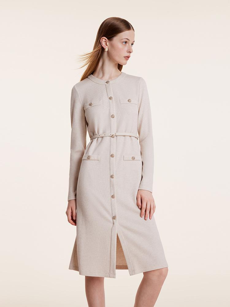 Beige Knitted Gathered Waist Dress GOELIA