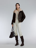 [Preview] PU Leather Goose Down Jacket With Detachable Faux Fur Collar GOELIA