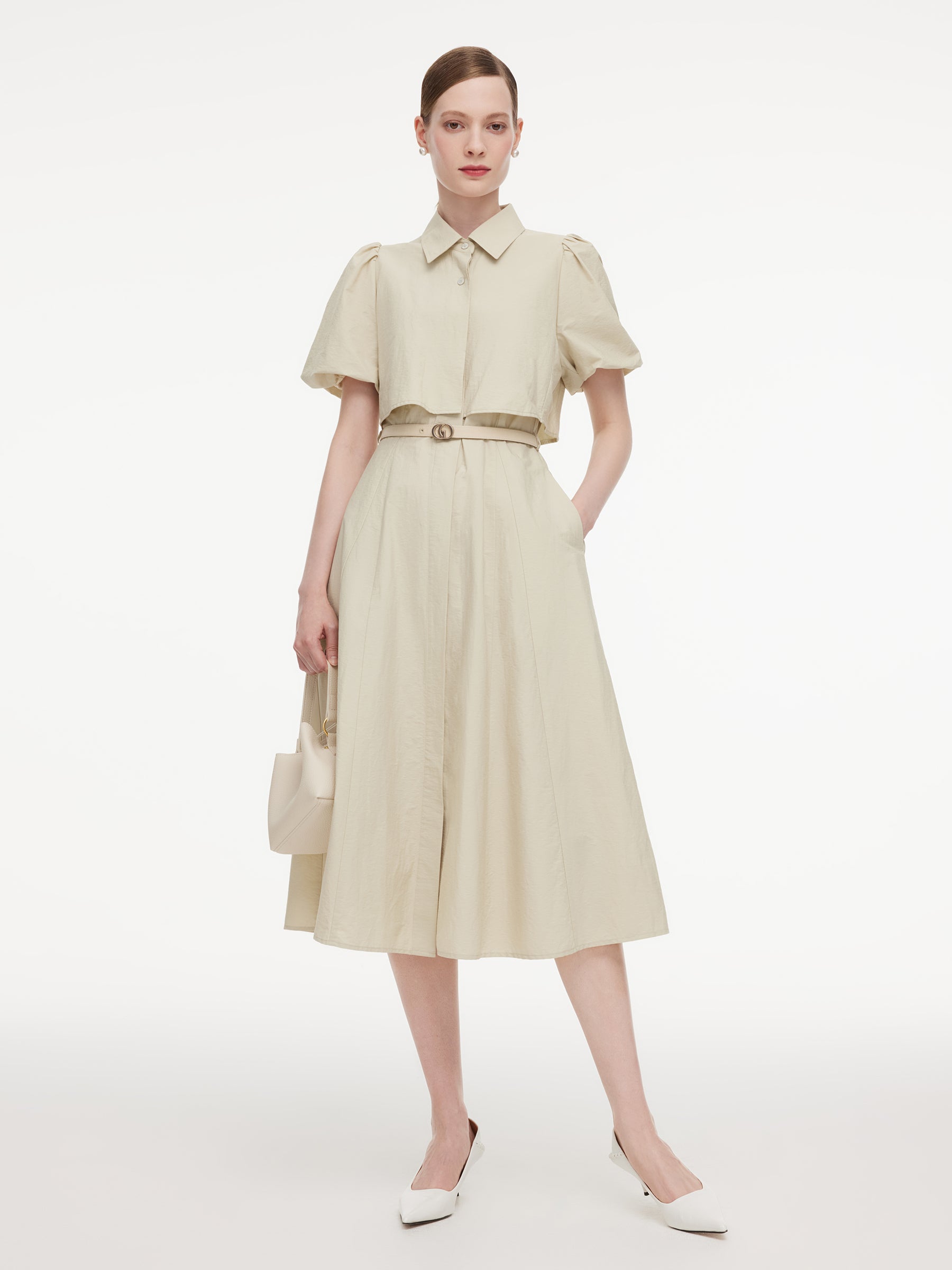 Cotton Blend Puff Sleeve Women Midi Shirt Dress With Belt GOELIA