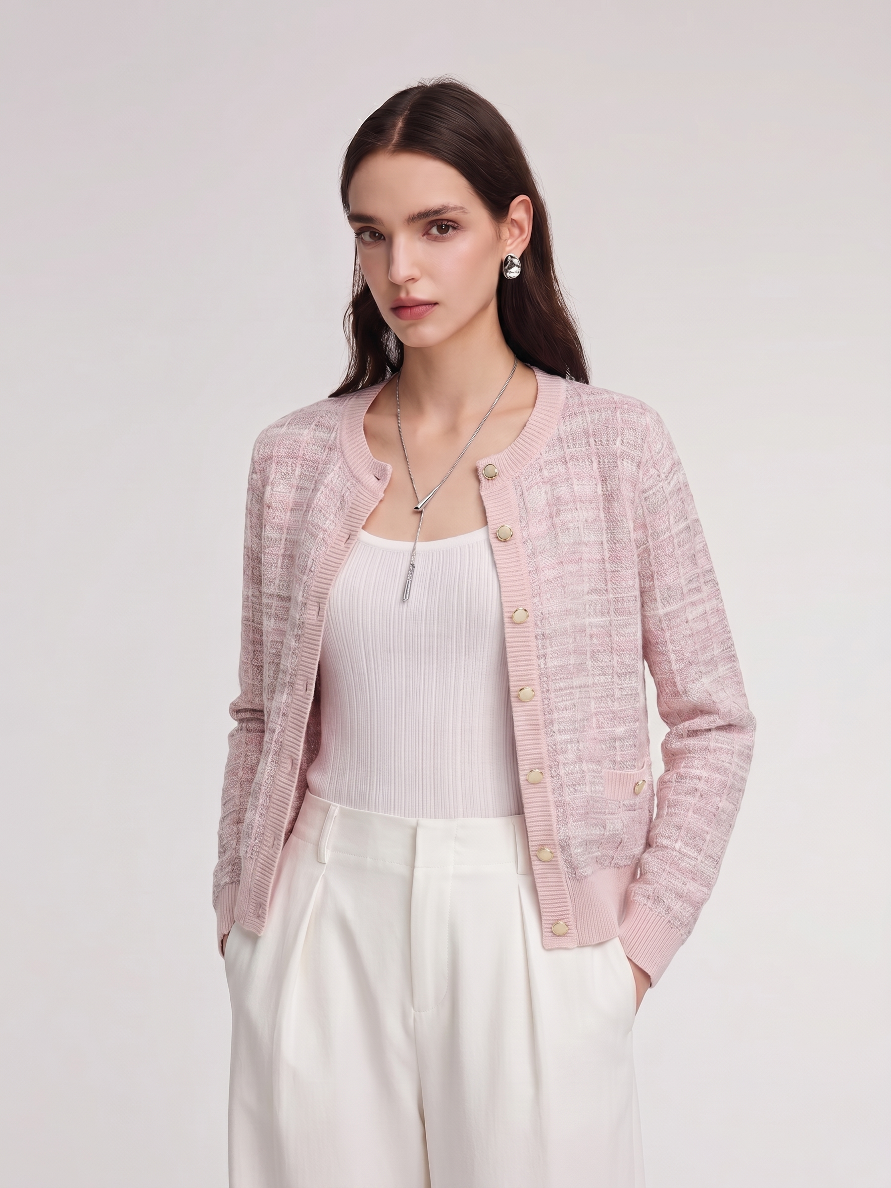 Textured Round Neck Women Stretchy Cardigan GOELIA