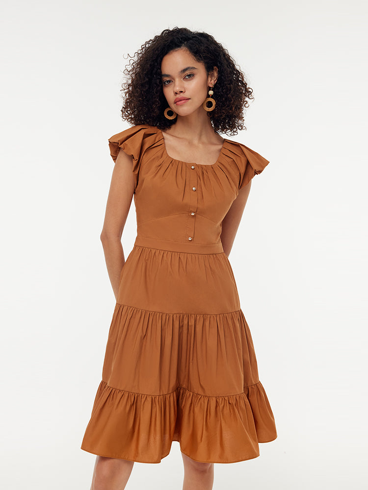 100% Cotton Ruffle Sleeve Gathered Waist Women Mini Dress GOELIA