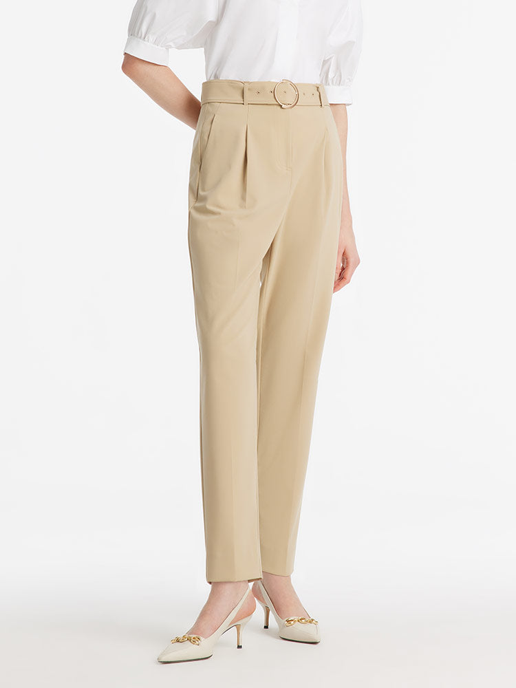 High-Waisted Ruched Tapered Women Pants With Belt GOELIA