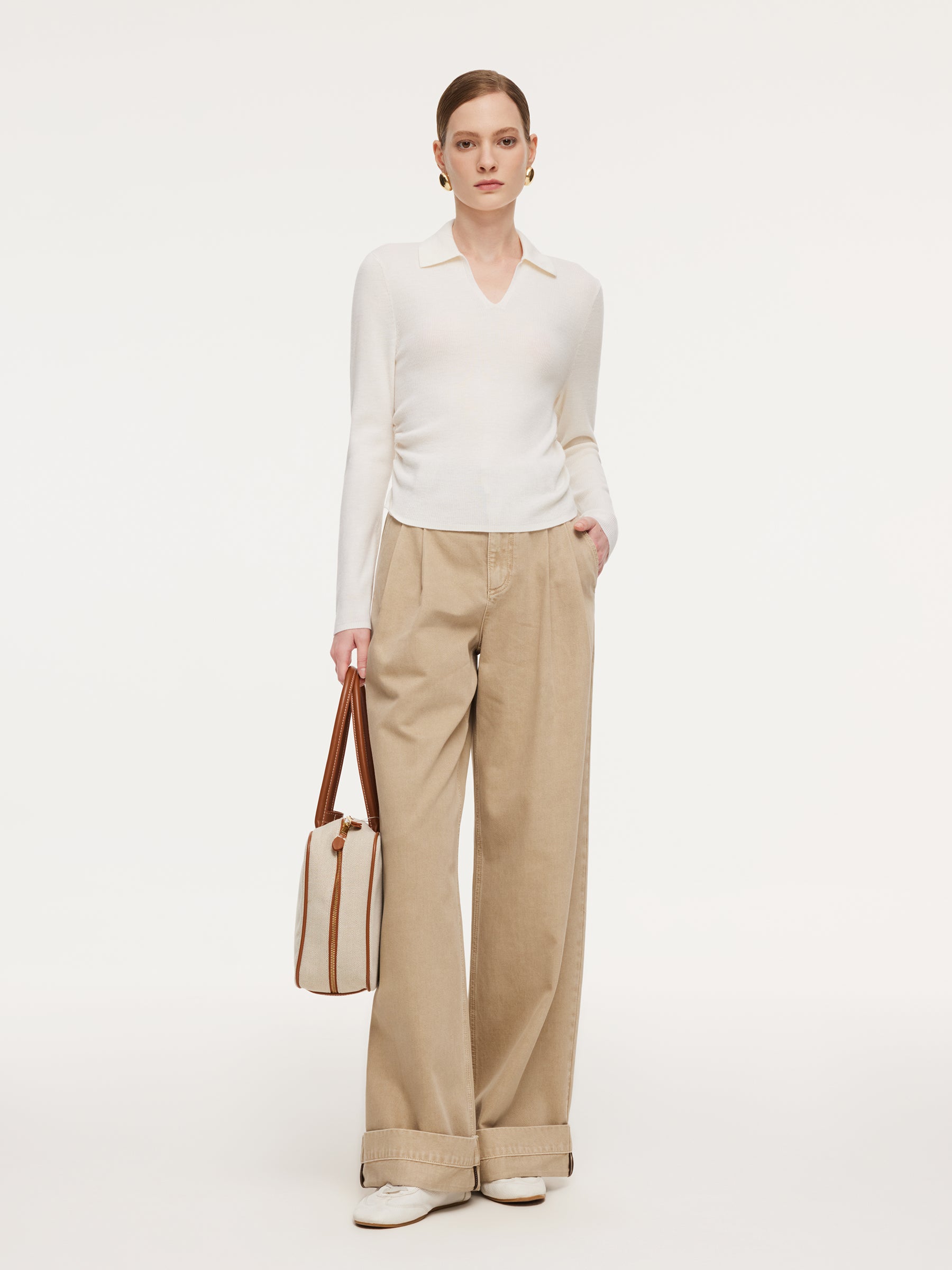 [Preview] 100% Wool V-Neck Ruched Women Polo Knit Top GOELIA