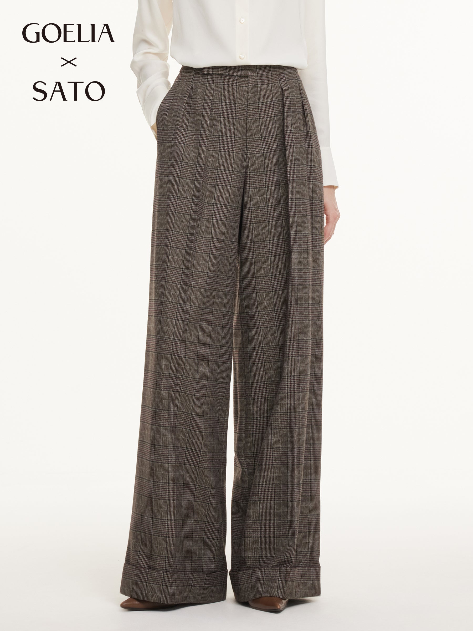 Brown Plaid Straight Leg Women Pants GOELIA