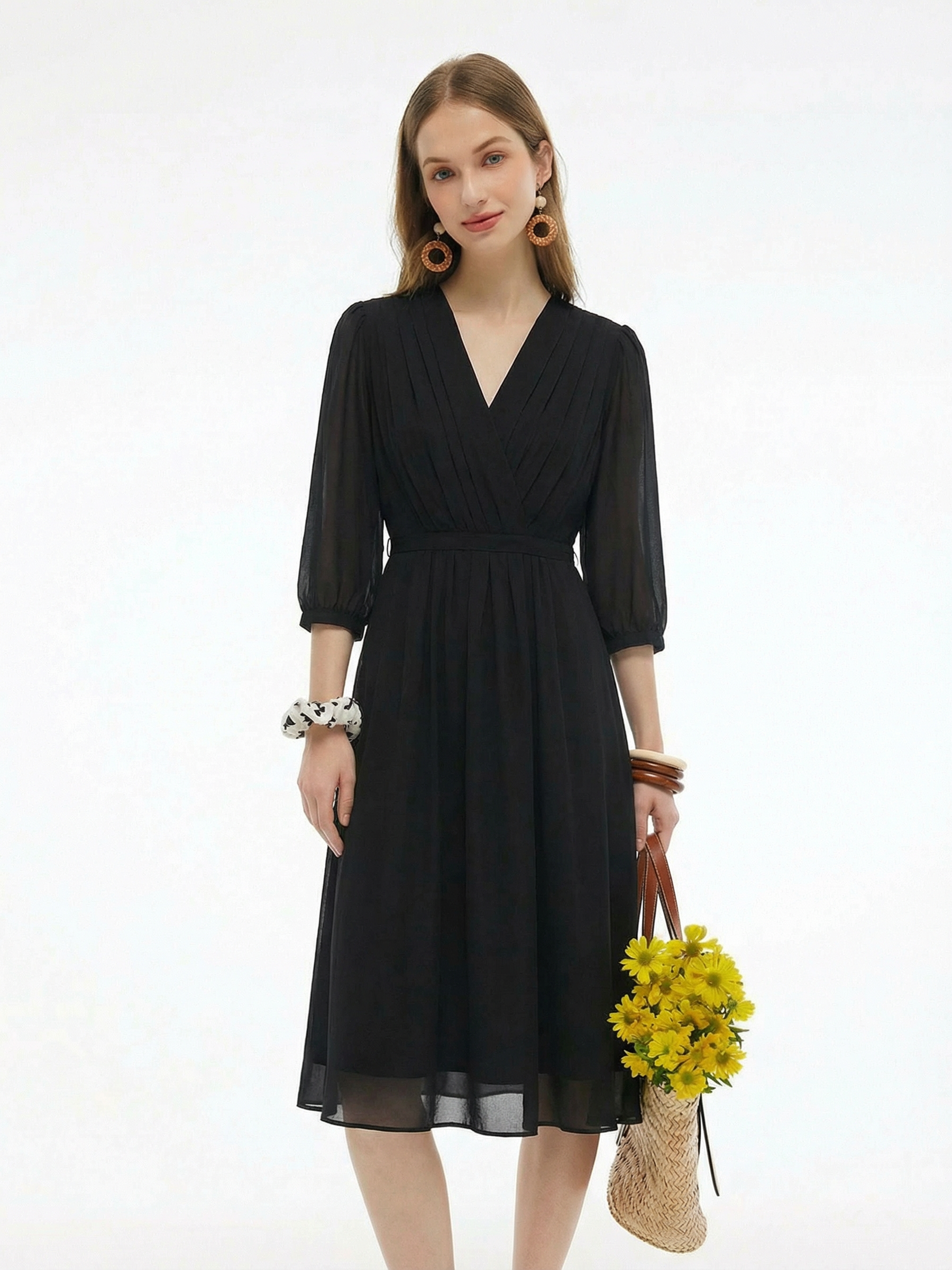 V-Neck Pleated Lace Up Wrap Midi Dress GOELIA