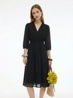 V-Neck Pleated Lace Up Wrap Midi Dress GOELIA