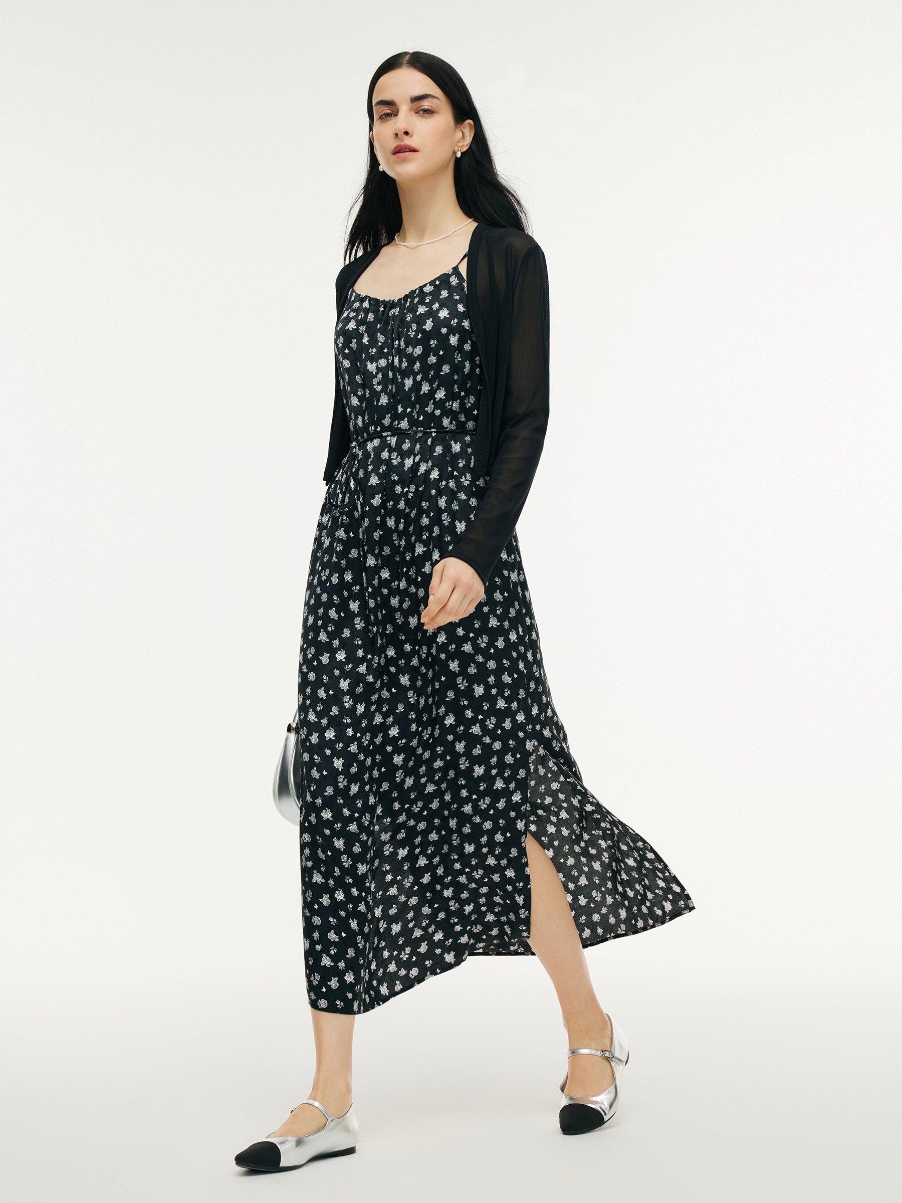 Floral Print Strap Side Slit Maxi Dress And Cardigan Two-Piece Set GOELIA