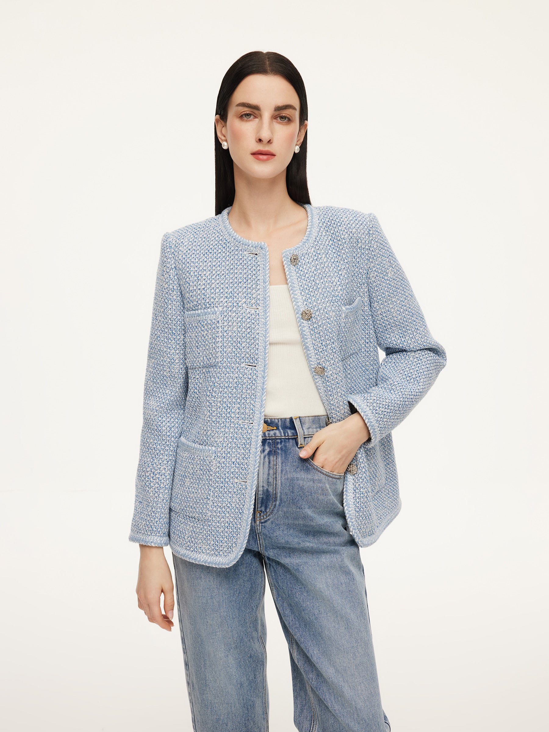 Tweed Single-Breasted Braided Trim Women Jacket GOELIA