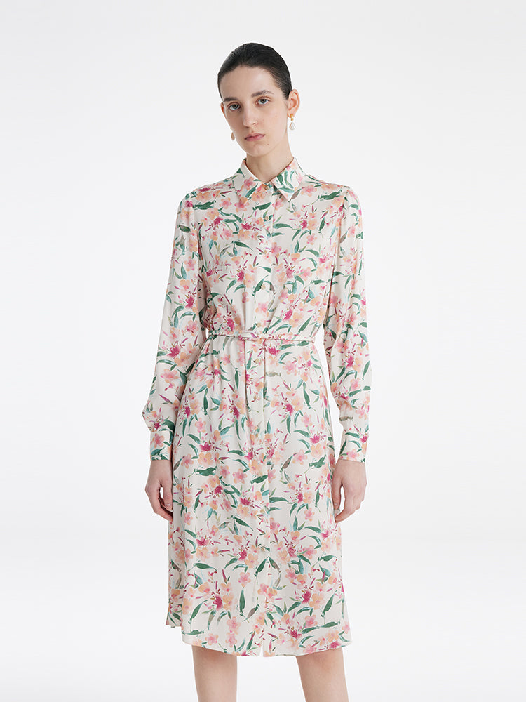 19 Momme Mulberry Silk Floral Printed Women Midi Shirt Dress With Belt GOELIA