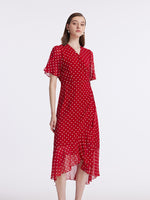 10 Momme Mulberry Silk Polka Dots Printed Wrapped Ruffle Women Midi Dress GOELIA