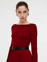 Tencel Wool Blend Boat Neck Women Knit Maxi Dress With Leather Belt GOELIA
