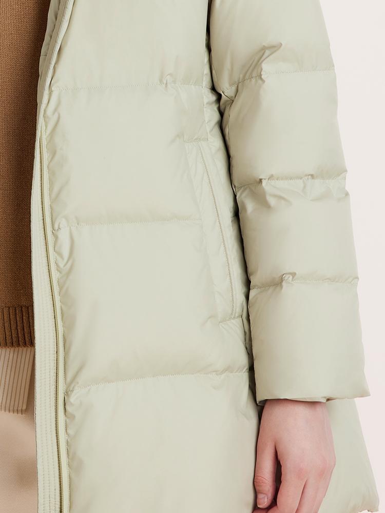 Green Hooded Gathered Waist Goose Down Garment With Belt GOELIA