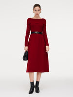 Tencel Wool Blend Boat Neck Women Knit Maxi Dress With Leather Belt GOELIA