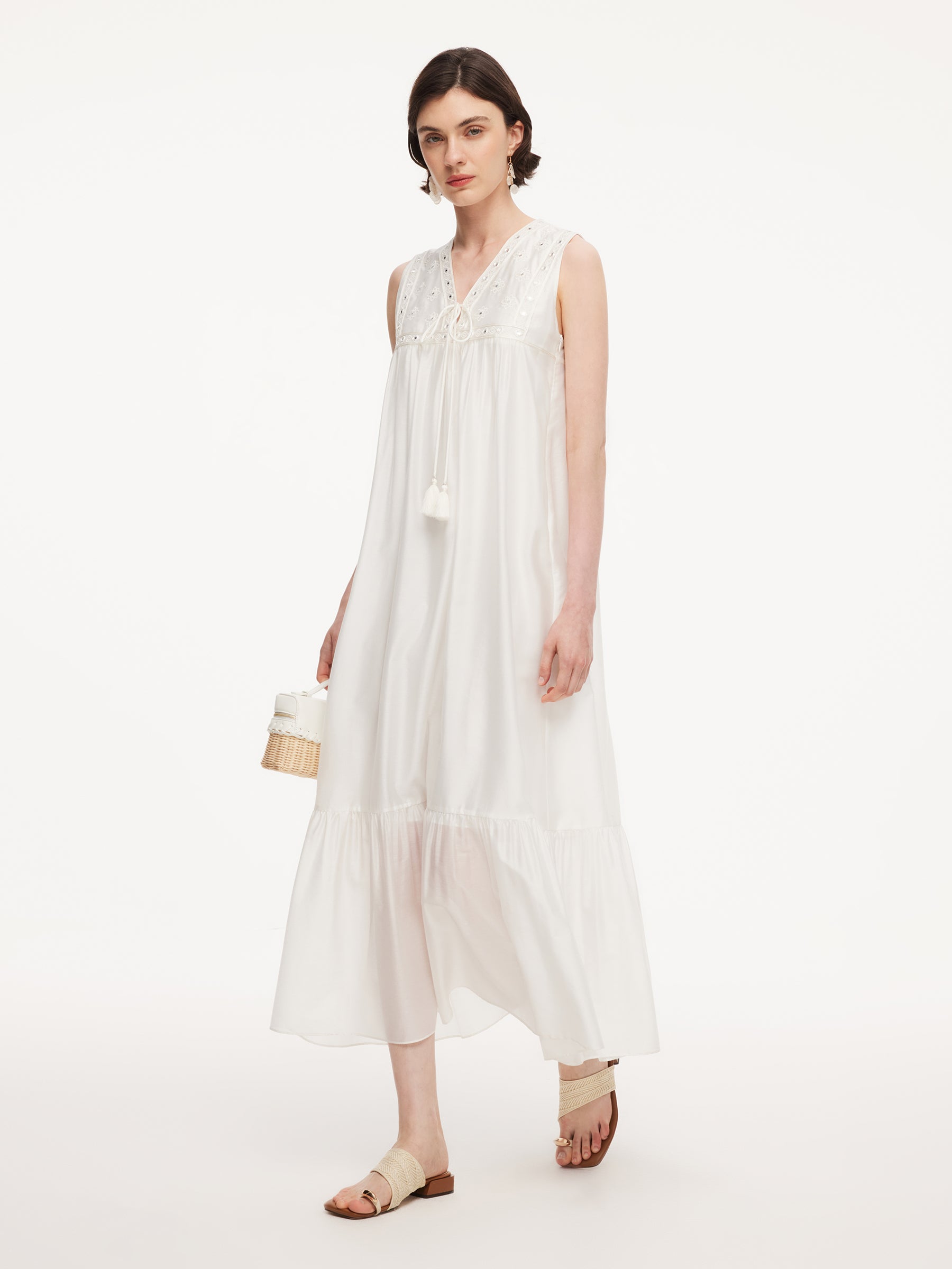Tencel Blend Embroidered Women Sleeveless Maxi Dress GOELIA