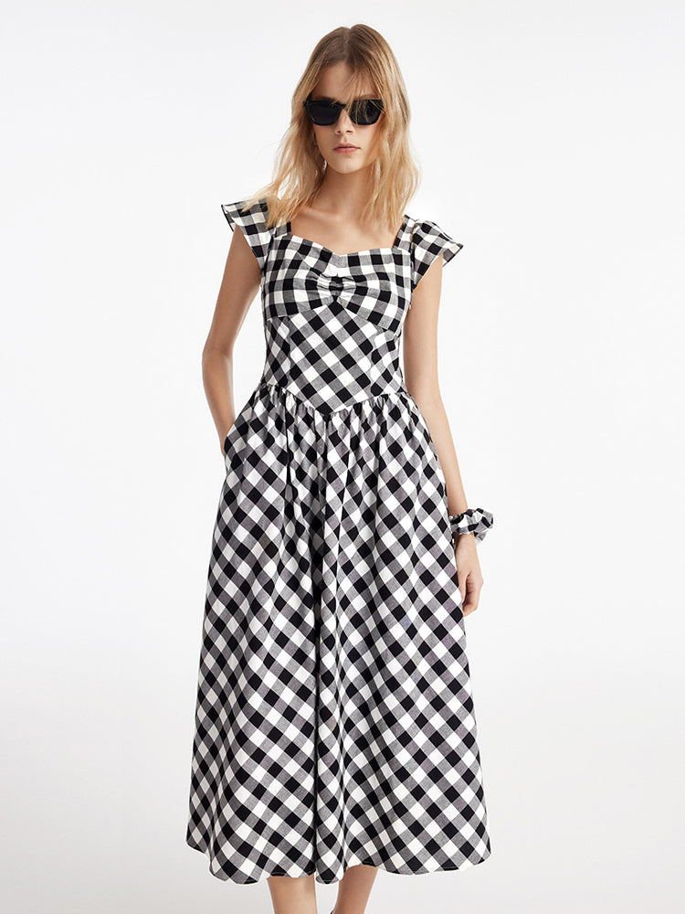 Gingham Gathered Waist Women Maxi Dress With Scrunchie GOELIA