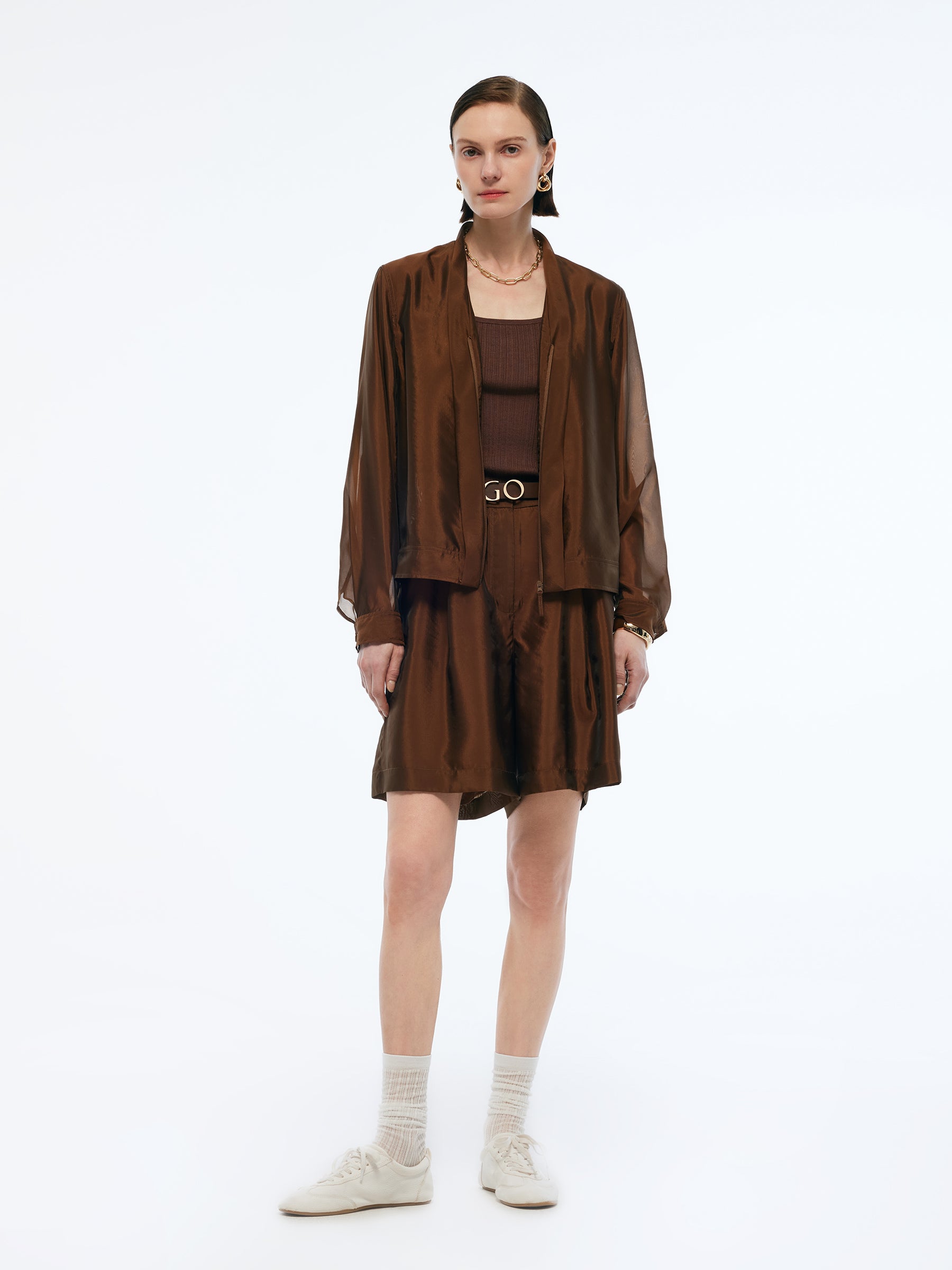 Mulberry Silk Blend Women Zip-Up Sheer Jacket GOELIA