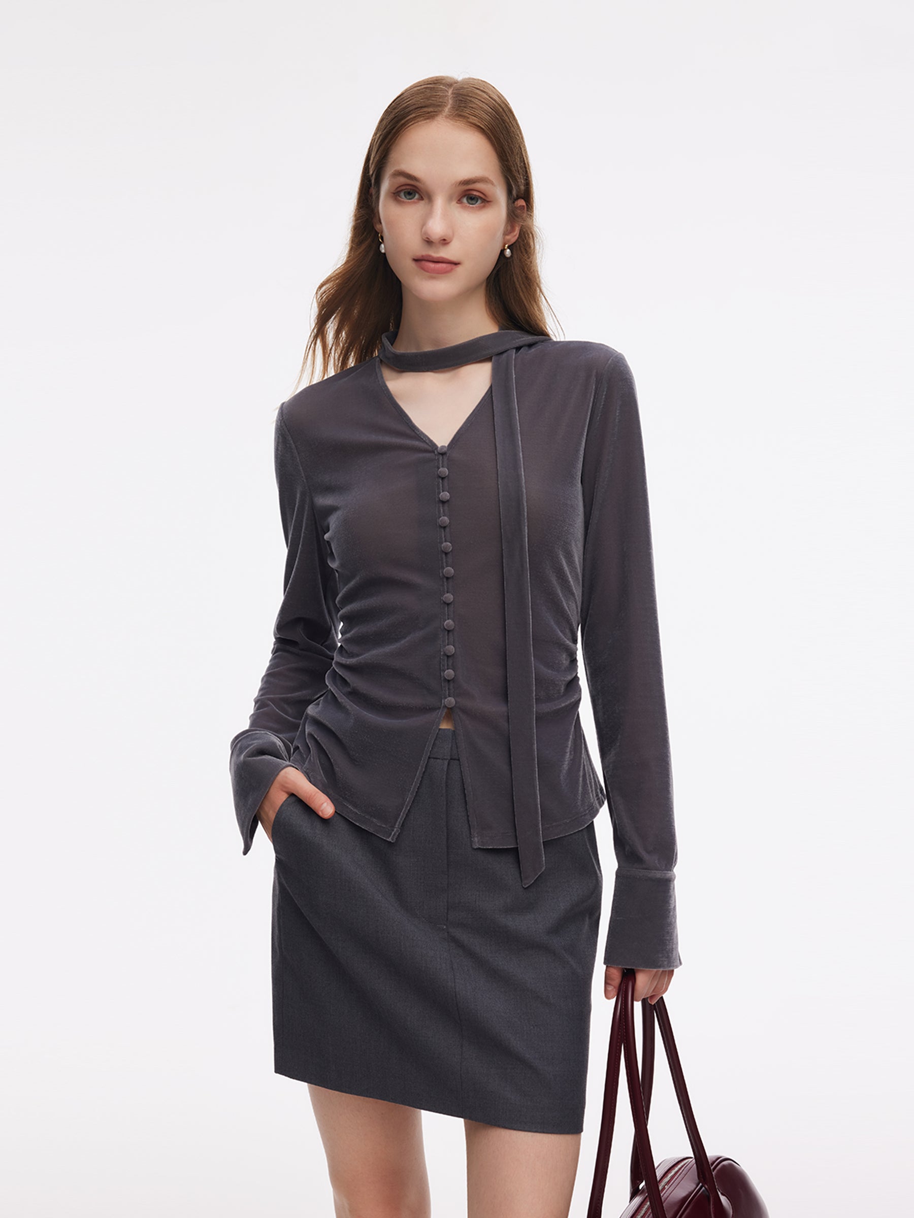 [Preview] Velvet Stretch Ribbon V-Neck Women Top GOELIA