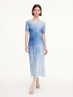 Blue And White Gradient Women Pleated Maxi Dress GOELIA