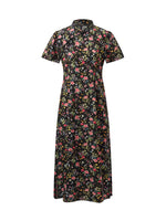 Mulberry Silk Slit Rose Printed Women Qipao Midi Dress GOELIA