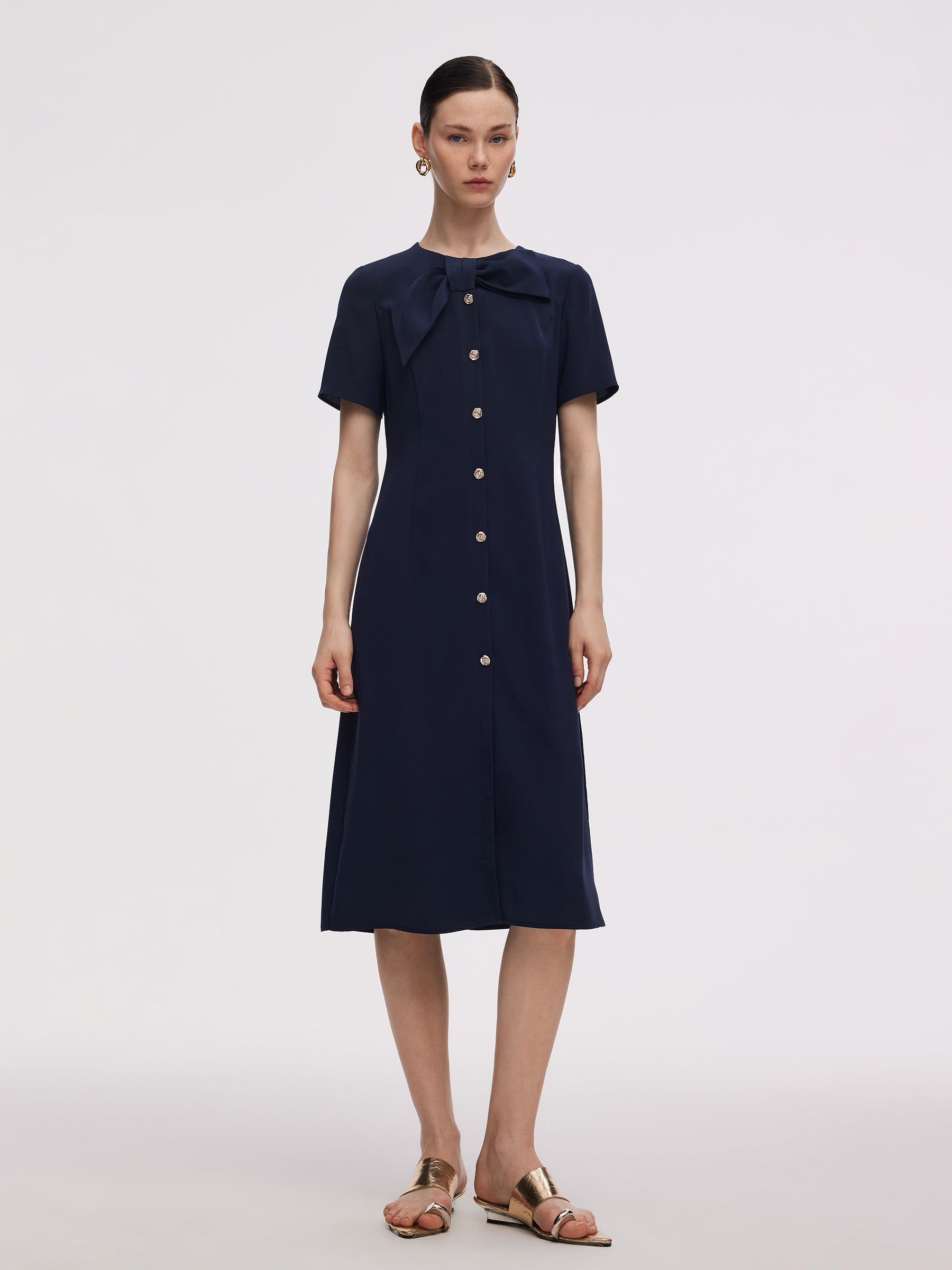 Triacetate Bowknot Women Gathered Waist Midi Dress GOELIA