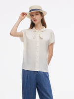 22MM Mulberry Silk Women Bow Tie Neck Shirt GOELIA