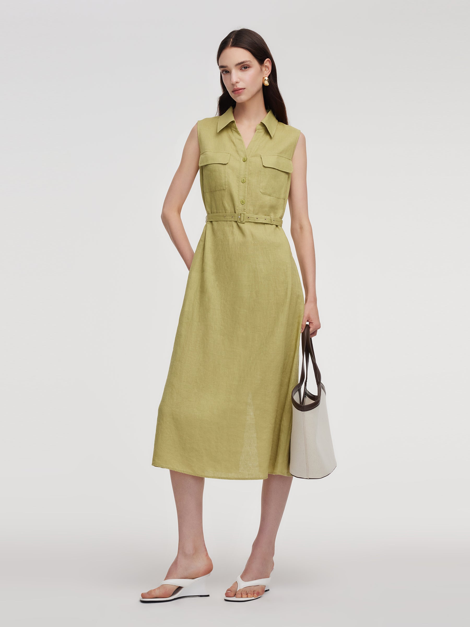 100% Linen Sleeveless Women Maxi Shirt Dress With Belt GOELIA